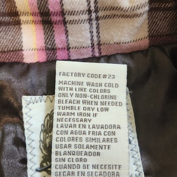 Nori Women's Pink & Brown Plaid Button Front Cropped Puff Sleeve Jacket Size LG - Picture 9 of 10